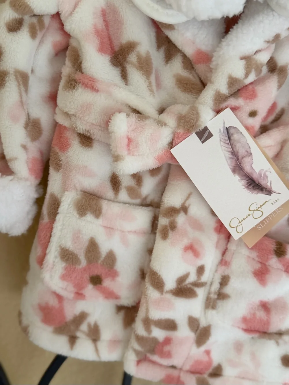 Plush Floral Infants Robe with Slippers Jessica Simpson, baby Pink & Brown